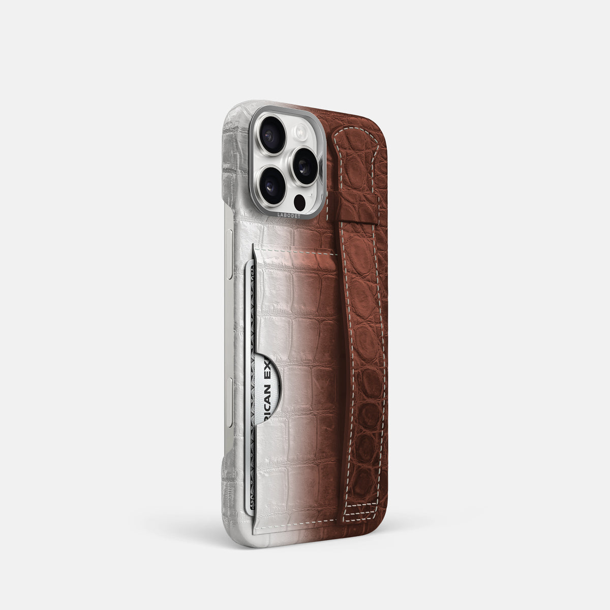 Dark Brown iPhone 16 Pro Cardholder Strap Himalayan Crocodile with Steel Metal -2 | Dark-Brown-Steel