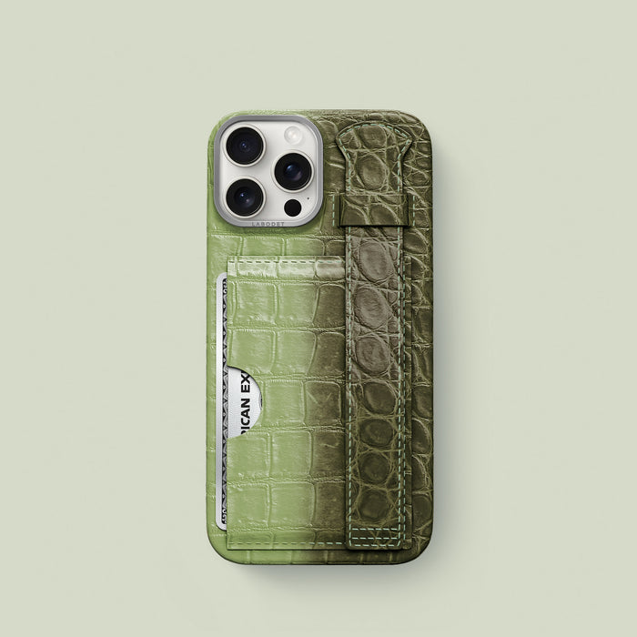 Celadon Green iPhone 16 Pro Cardholder Strap Case In Himalayan Crocodile with Steel Metal -1 | Celadon-Green-Steel