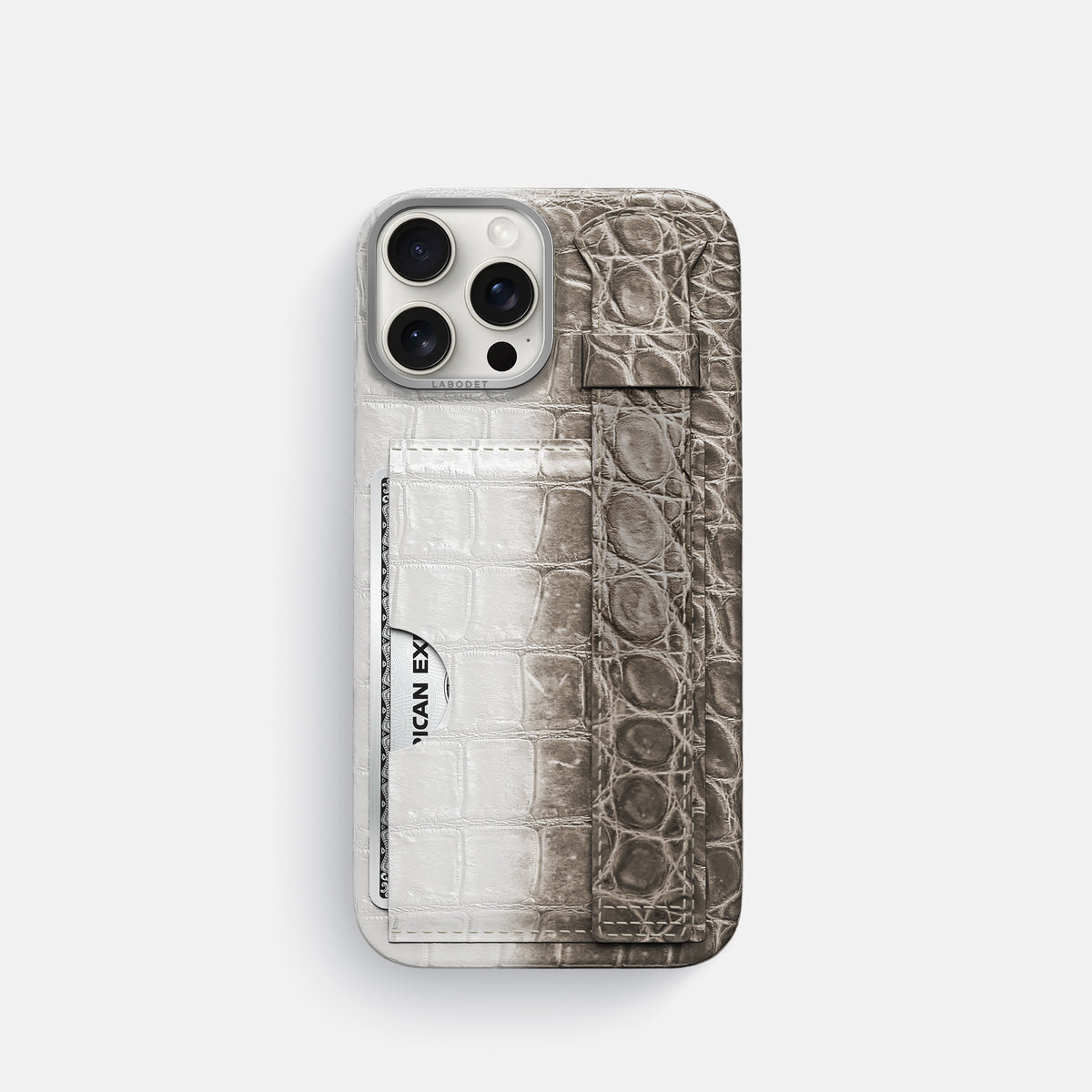Dark iPhone 16 Pro Cardholder Strap Himalayan Crocodile with Steel Metal -1 | Dark-Steel