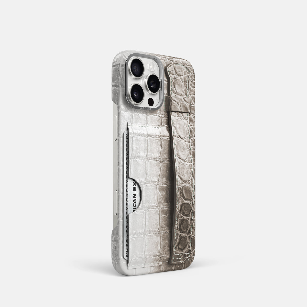 Dark iPhone 16 Pro Cardholder Strap Himalayan Crocodile with Steel Metal -2 | Dark-Steel