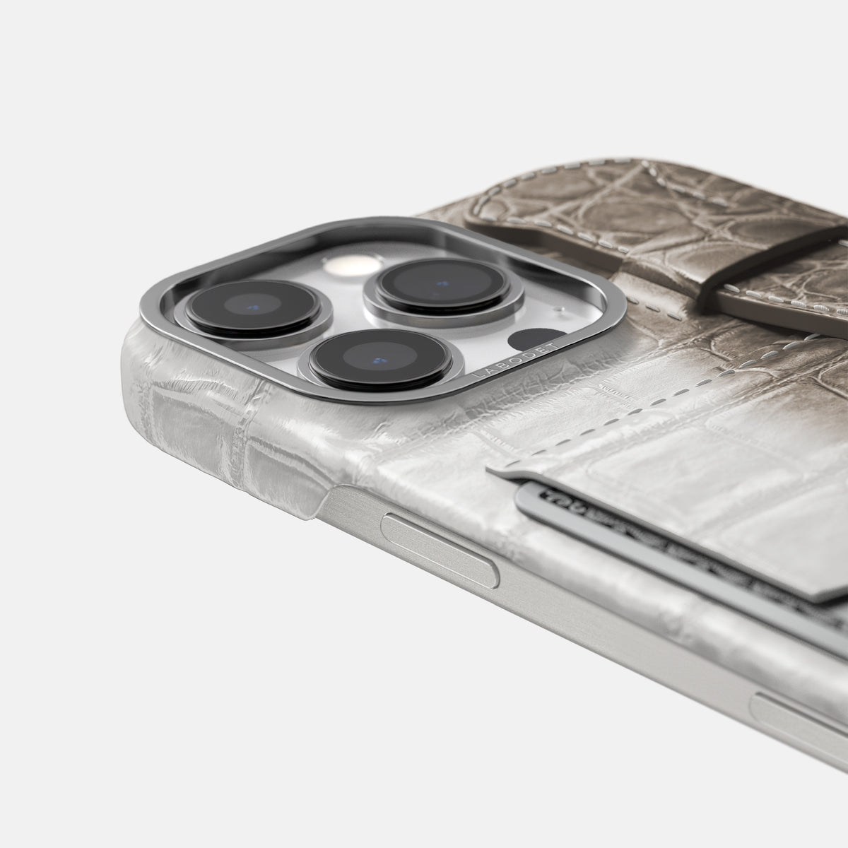Dark iPhone 16 Pro Cardholder Strap Himalayan Crocodile with Steel Metal -5 | Dark-Steel