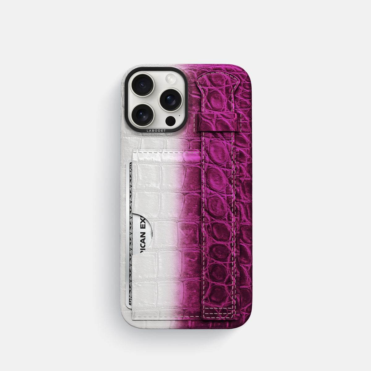 Fuchsia iPhone 16 Pro Cardholder Strap Himalayan Crocodile with Black Metal -1 | Fuchsia-Black
