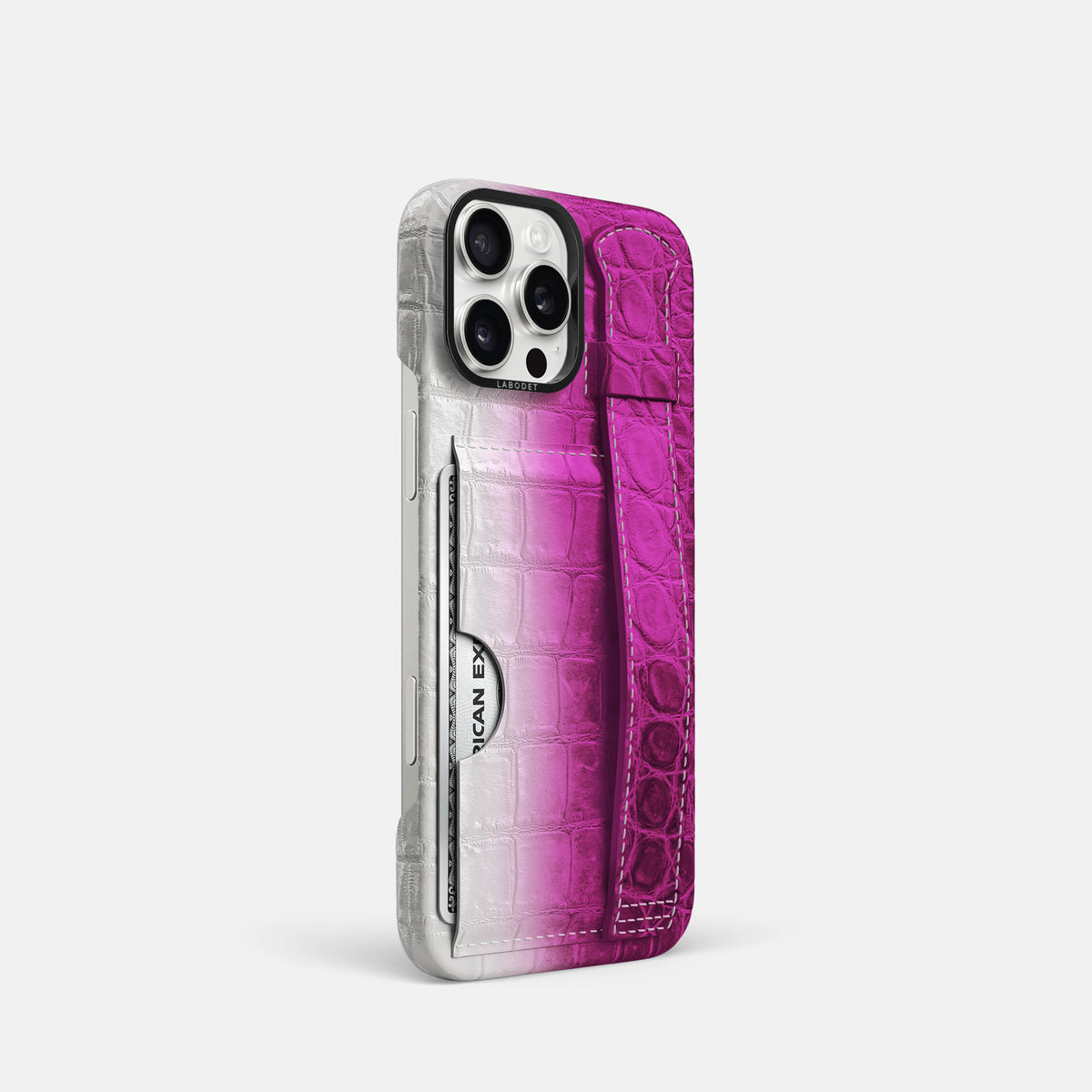 Fuchsia iPhone 16 Pro Cardholder Strap Himalayan Crocodile with Black Metal -2 | Fuchsia-Black