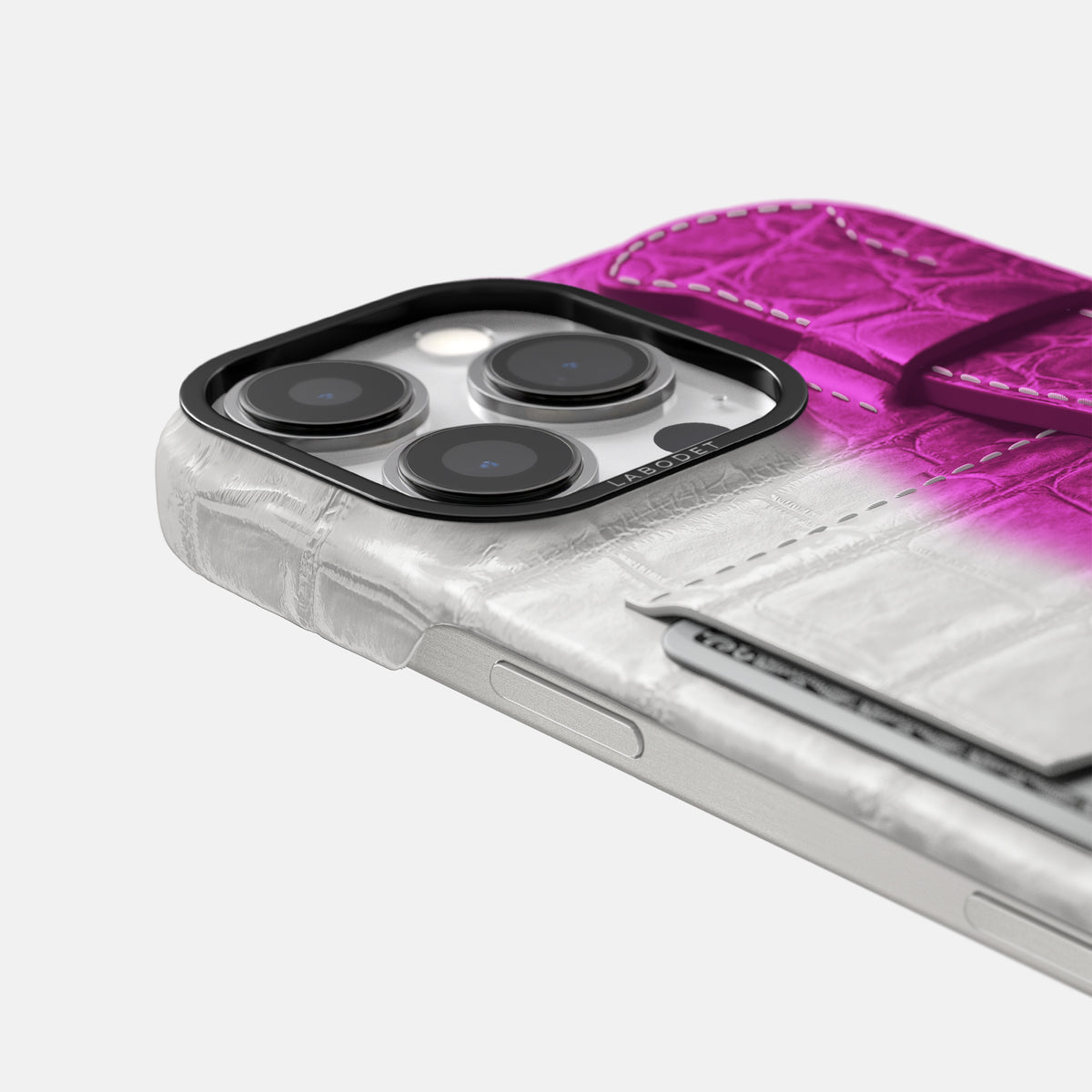 Fuchsia iPhone 16 Pro Cardholder Strap Himalayan Crocodile with Black Metal -5 | Fuchsia-Black