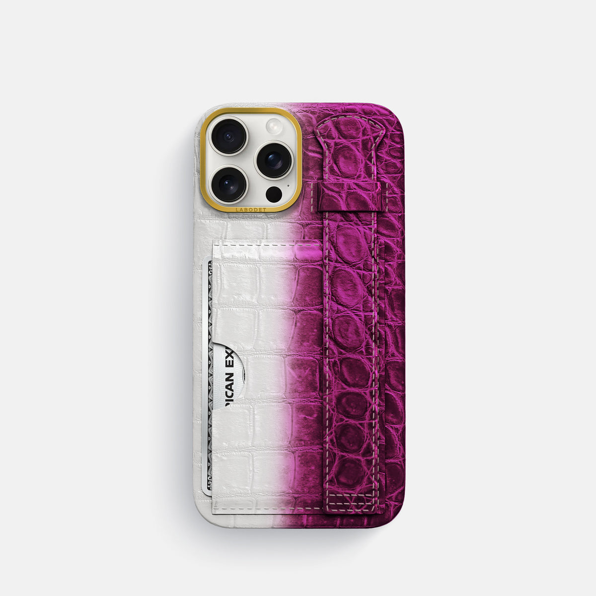 Fuchsia iPhone 16 Pro Cardholder Strap Himalayan Crocodile with Gold Metal -1 | Fuchsia-Gold