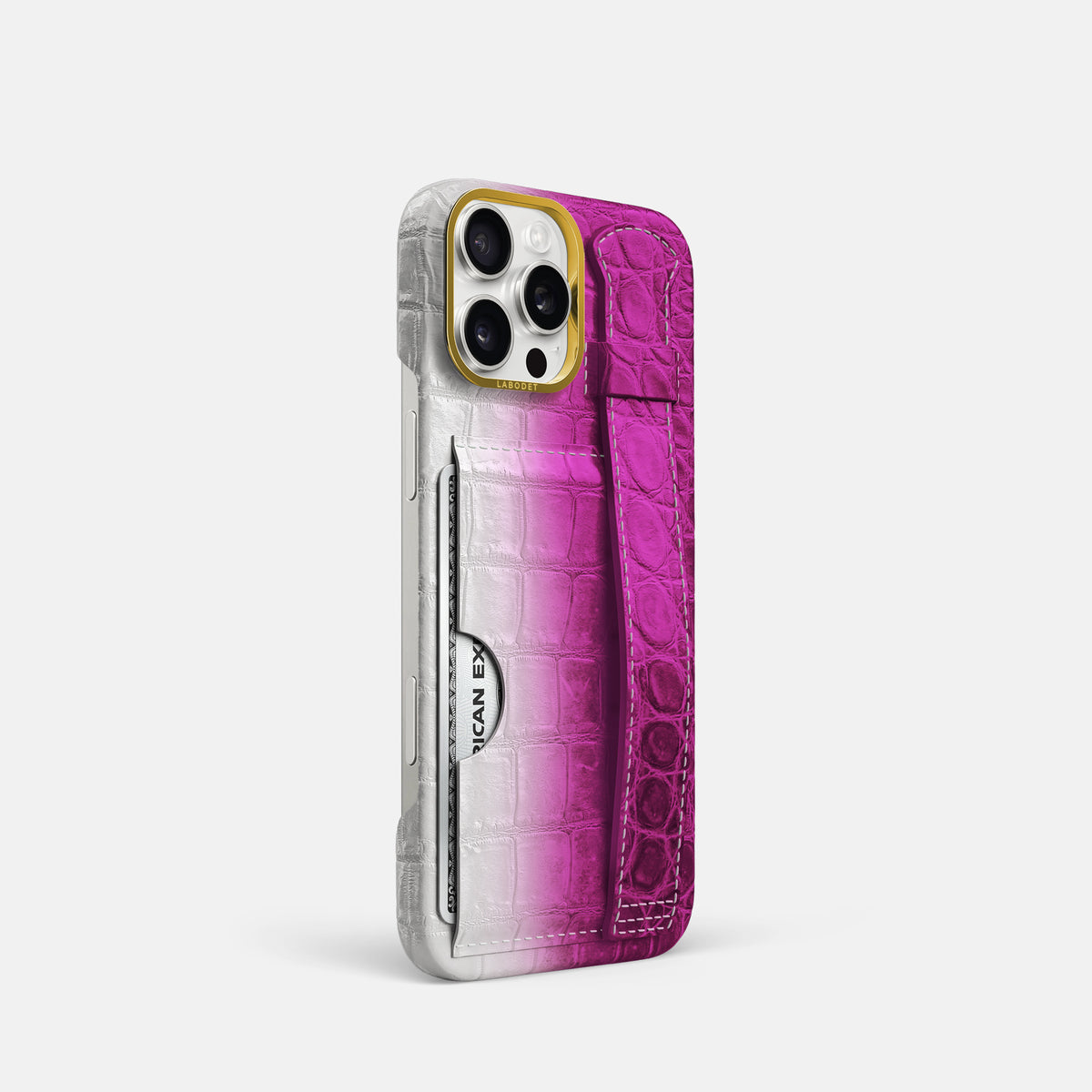 Fuchsia iPhone 16 Pro Cardholder Strap Himalayan Crocodile with Gold Metal -2 | Fuchsia-Gold