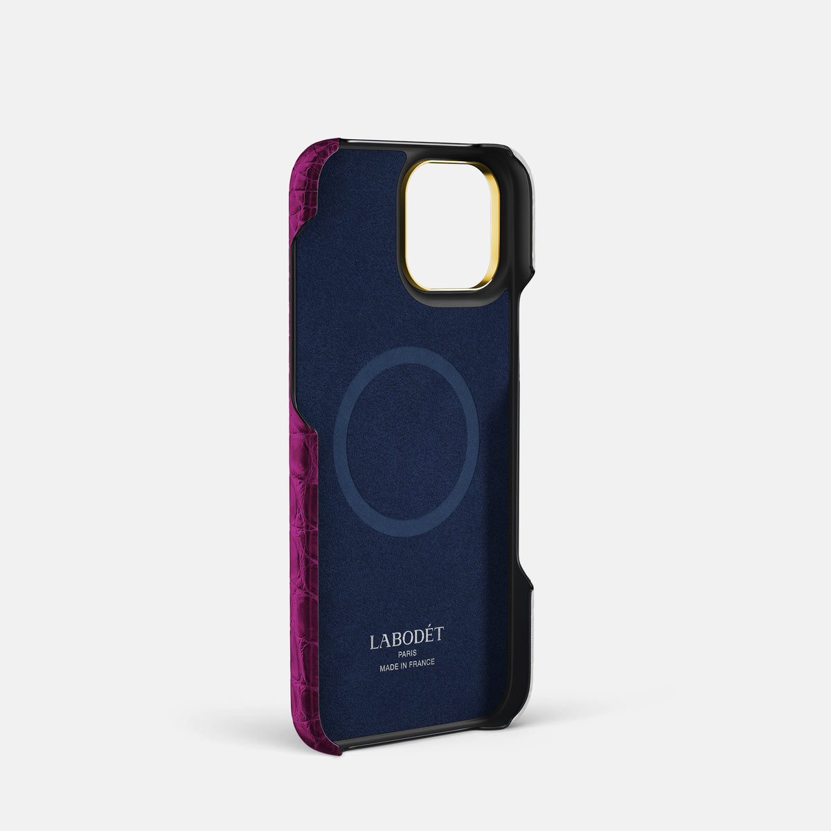 Fuchsia iPhone 16 Pro Cardholder Strap Himalayan Crocodile with Gold Metal -4 | Fuchsia-Gold