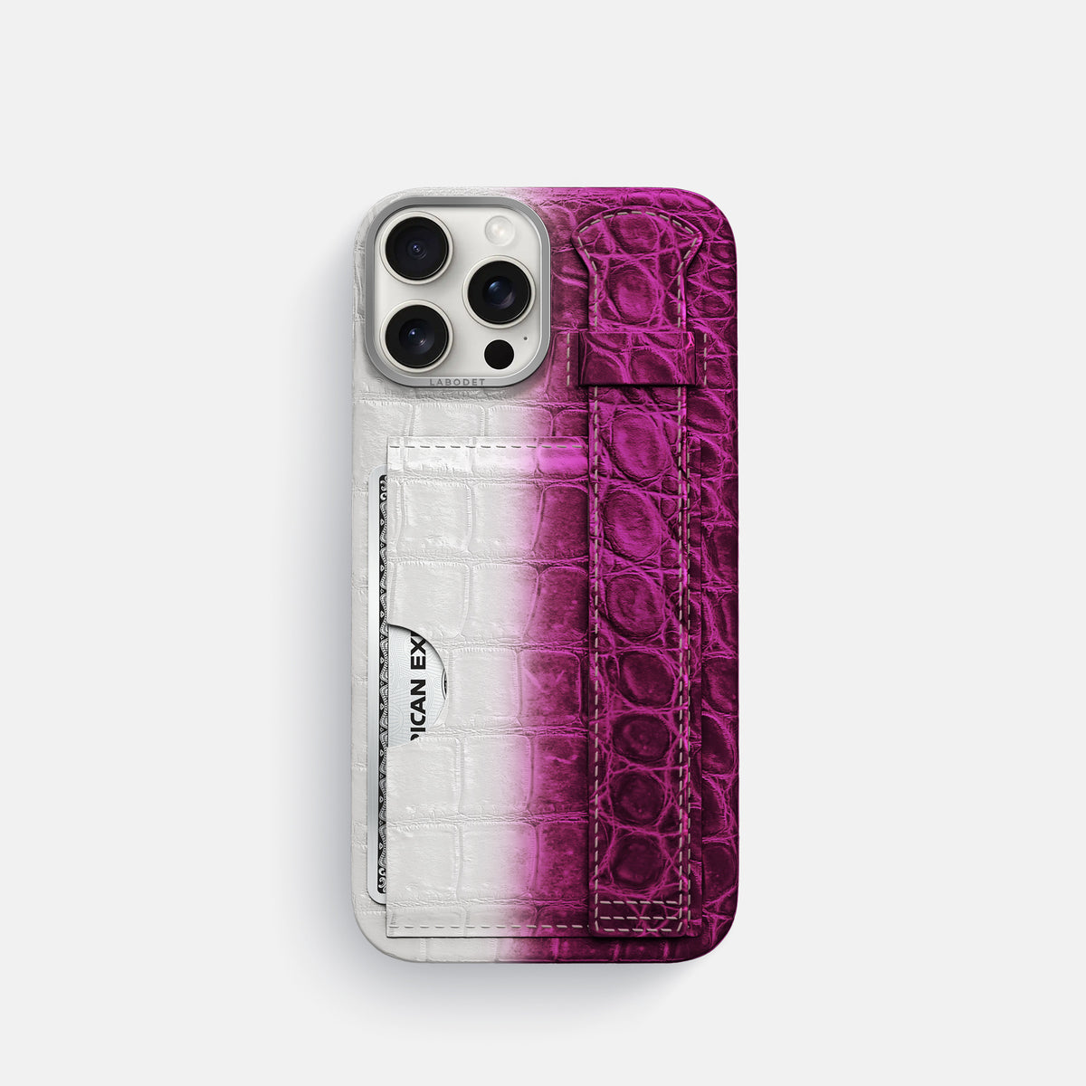 Fuchsia iPhone 16 Pro Cardholder Strap Himalayan Crocodile with Steel Metal -1 | Fuchsia-Steel