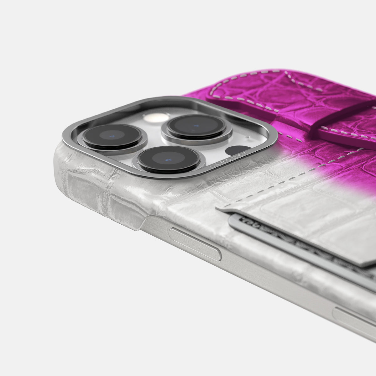 Fuchsia iPhone 16 Pro Cardholder Strap Himalayan Crocodile with Steel Metal -5 | Fuchsia-Steel
