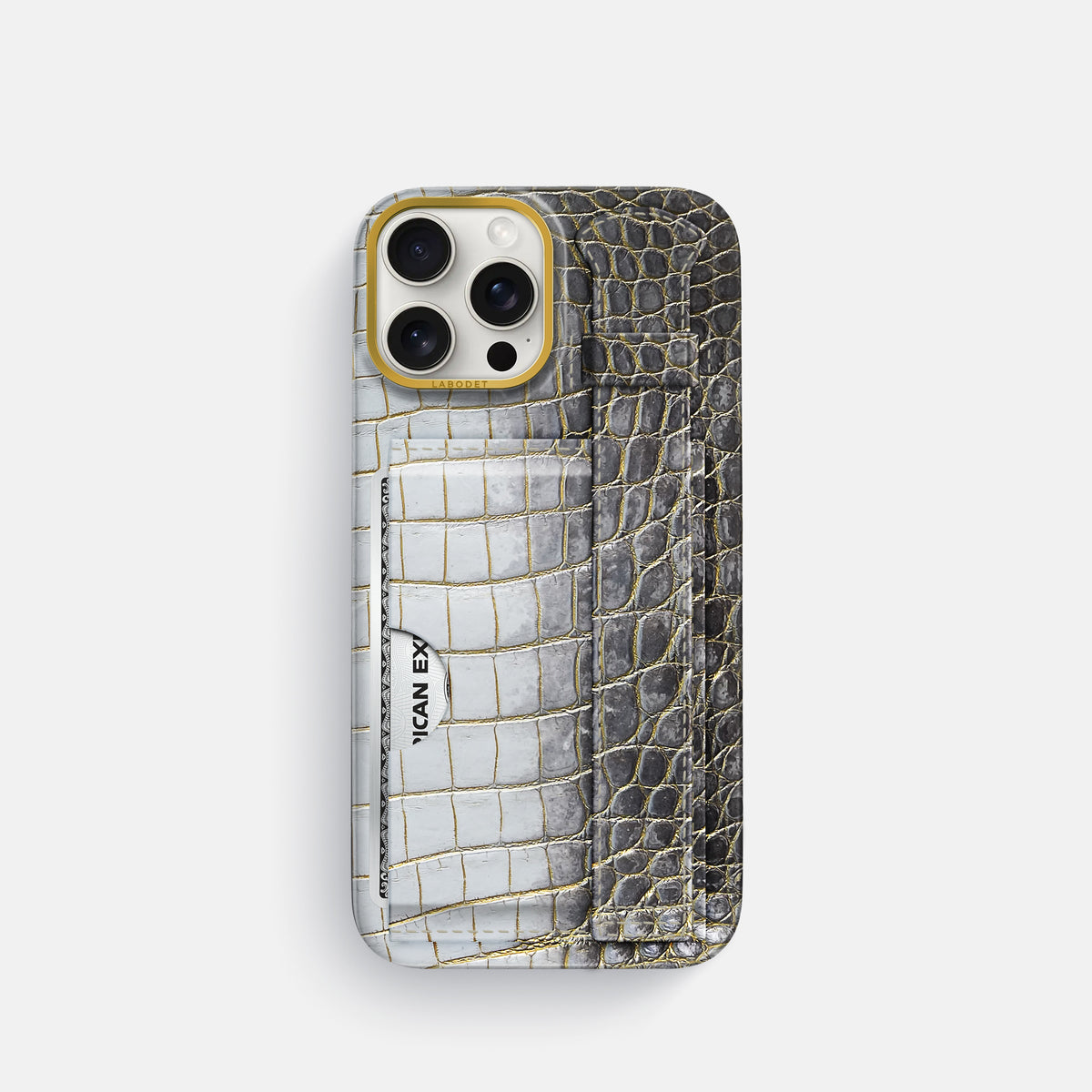 Gold iPhone 16 Pro Cardholder Strap Himalayan Crocodile with Gold Metal -1 | Gold-Gold