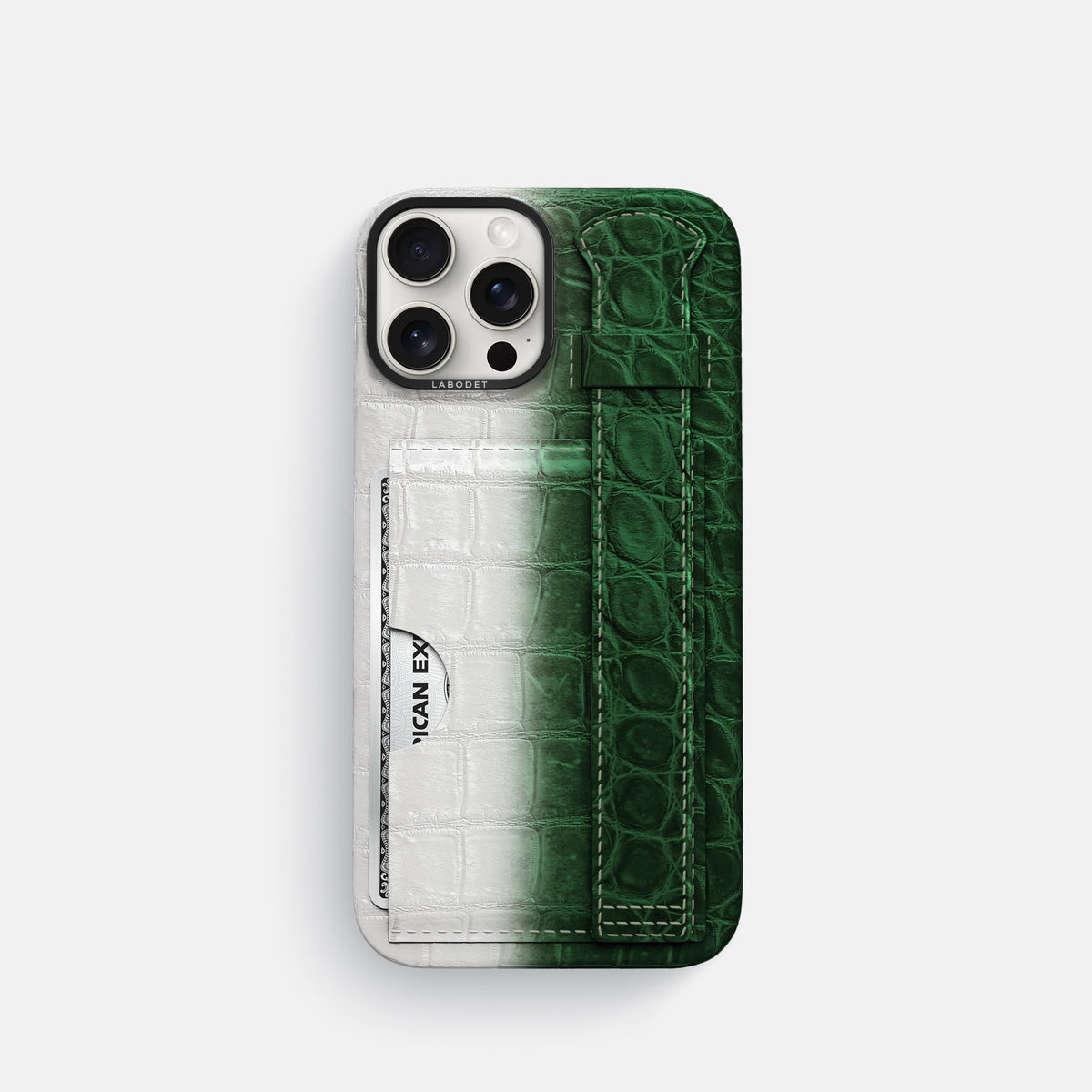 Green iPhone 16 Pro Cardholder Strap Himalayan Crocodile with Black Metal -1 | Green-Black