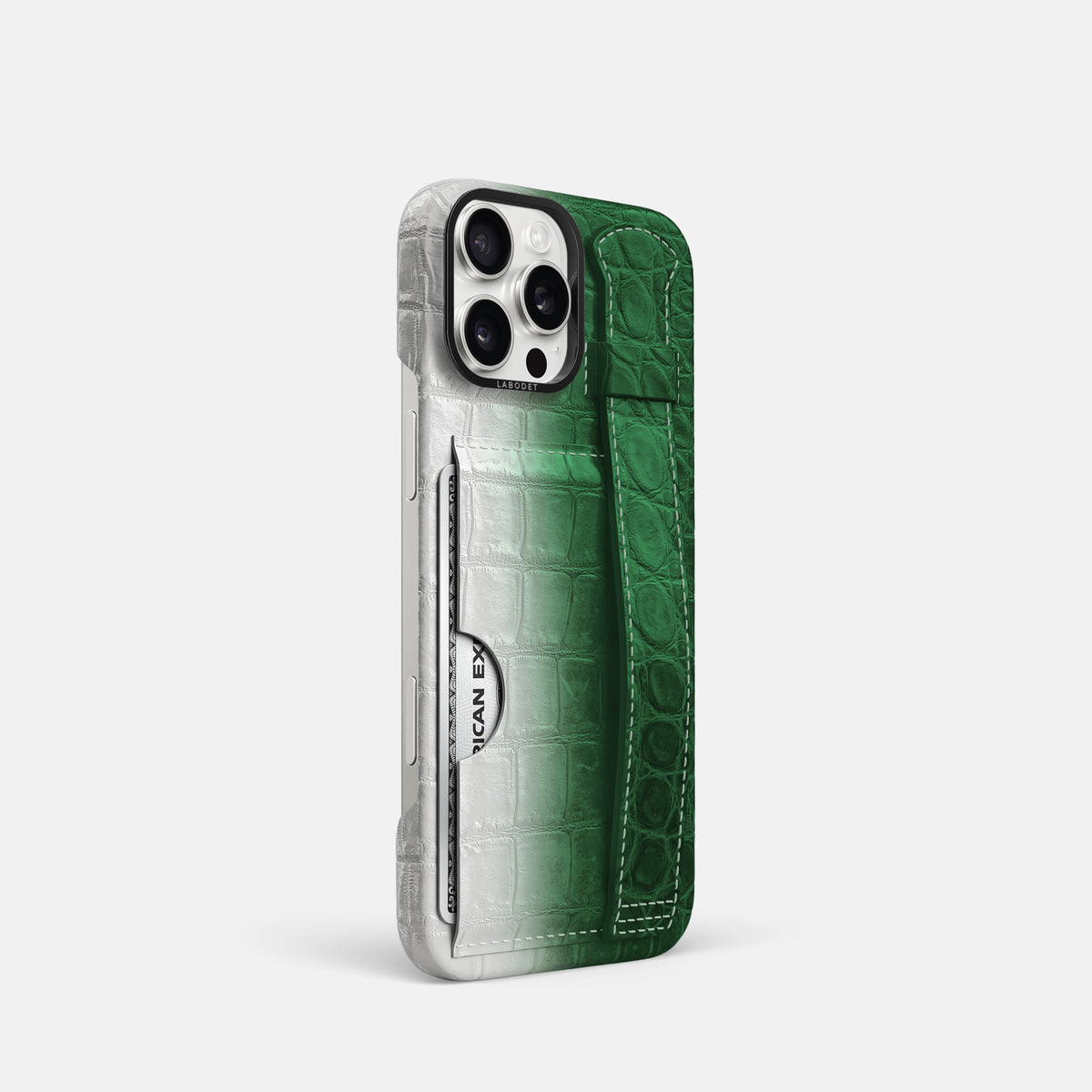 Green iPhone 16 Pro Cardholder Strap Himalayan Crocodile with Black Metal -2 | Green-Black