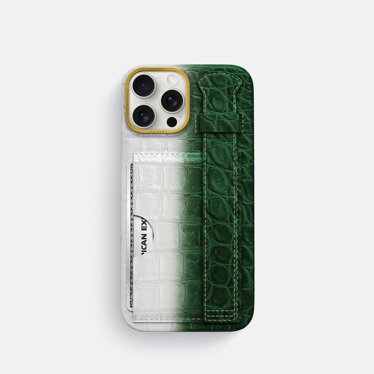 Green iPhone 16 Pro Cardholder Strap Himalayan Crocodile with Gold Metal -1 | Green-Gold