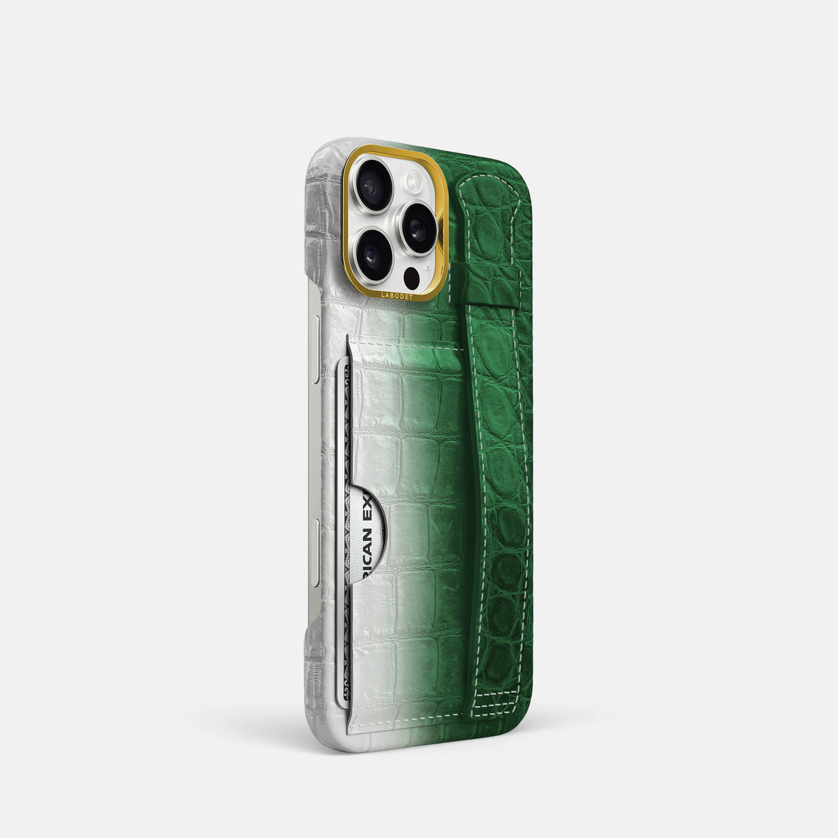 Green iPhone 16 Pro Cardholder Strap Himalayan Crocodile with Gold Metal -2 | Green-Gold