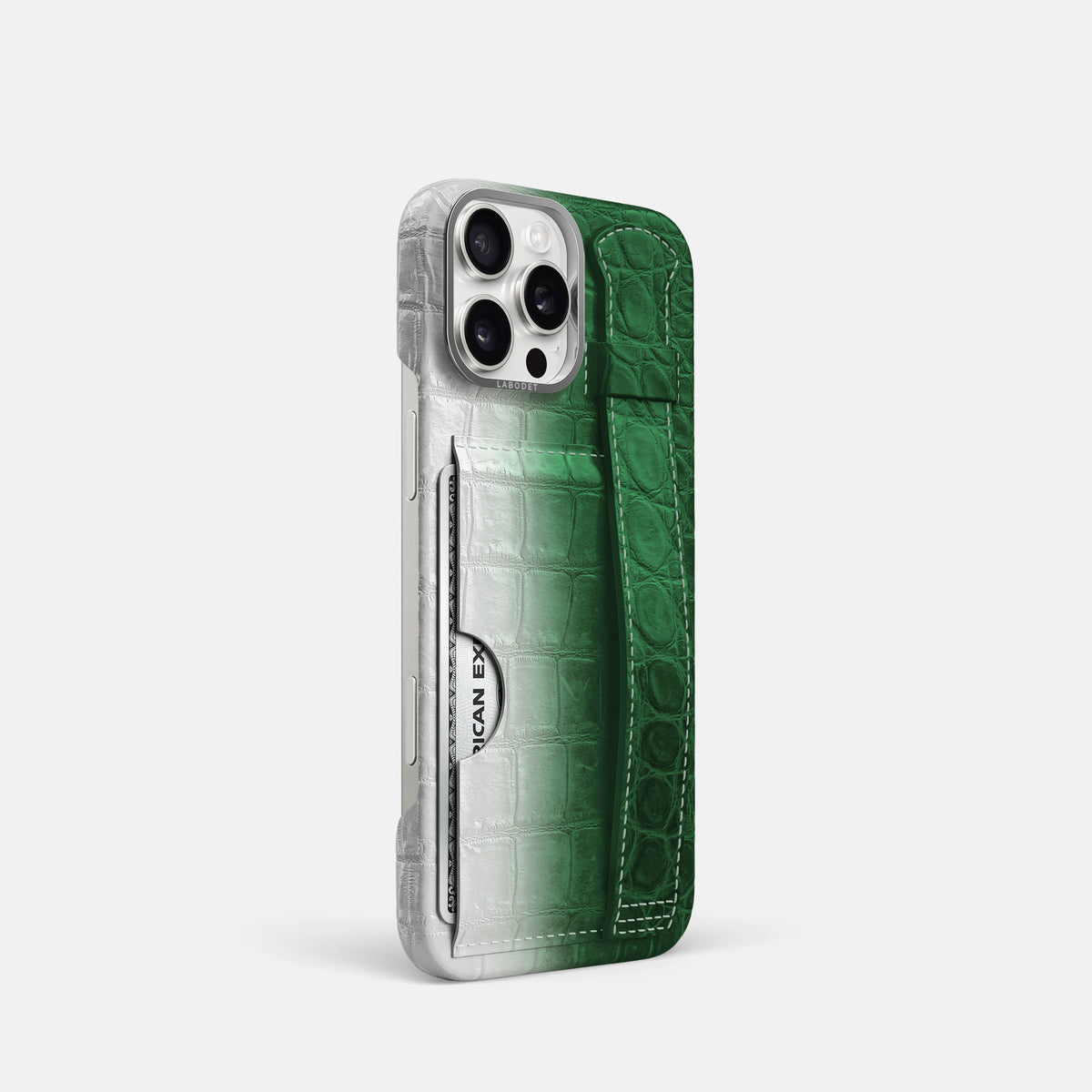 Green iPhone 16 Pro Cardholder Strap Himalayan Crocodile with Steel Metal -2 | Green-Steel