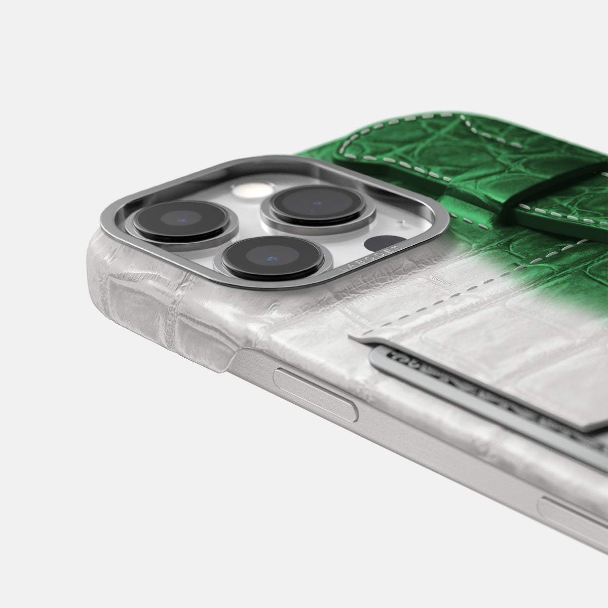 Green iPhone 16 Pro Cardholder Strap Himalayan Crocodile with Steel Metal -5 | Green-Steel