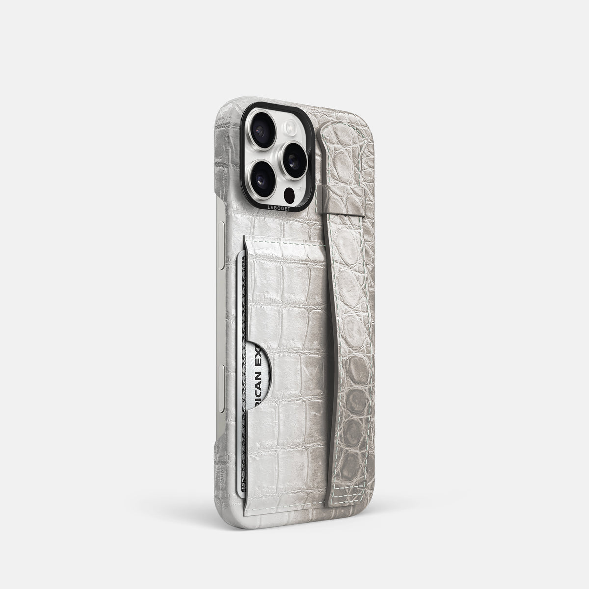 Grey iPhone 16 Pro Cardholder Strap Himalayan Crocodile with Black Metal -2 | Grey-Black