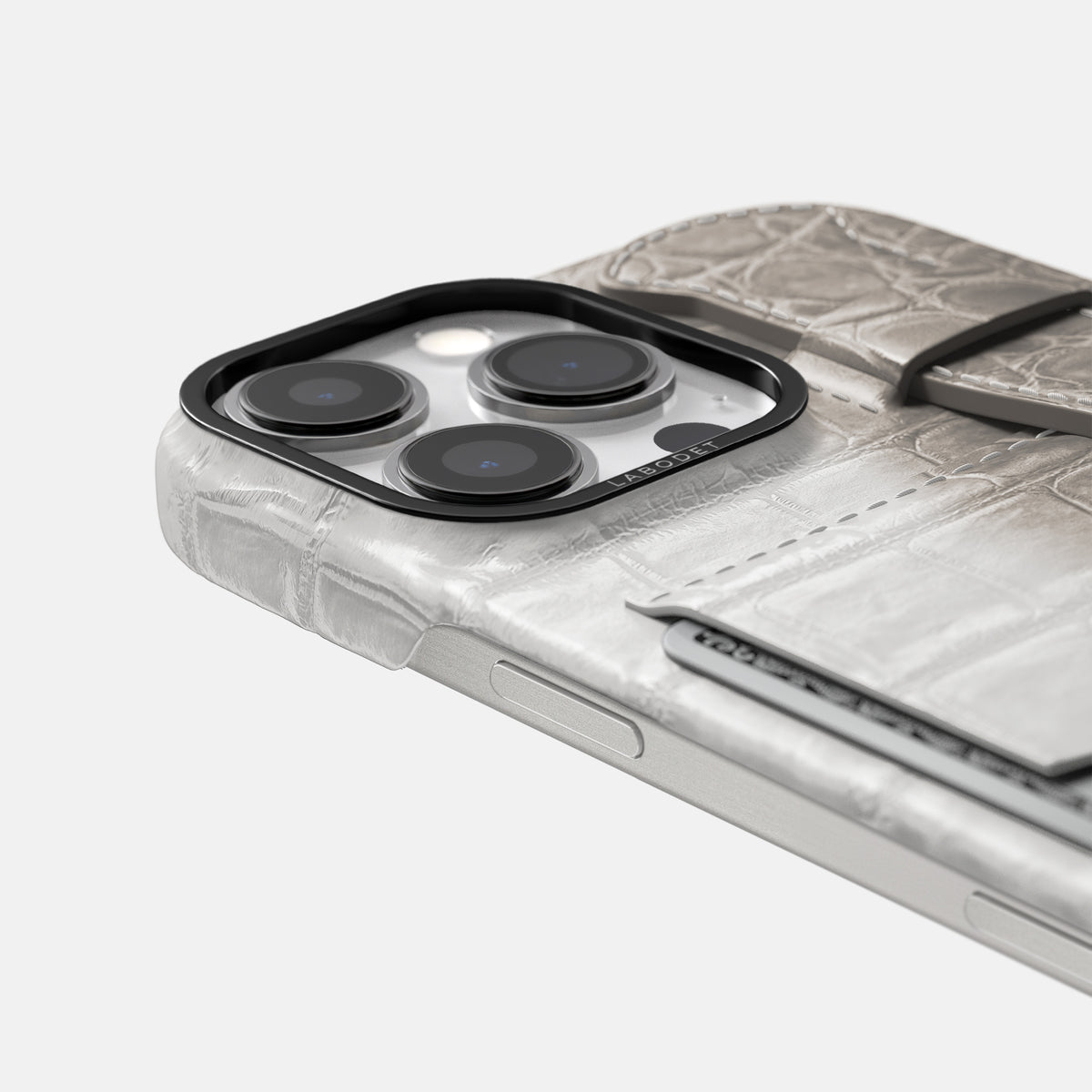 Grey iPhone 16 Pro Cardholder Strap Himalayan Crocodile with Black Metal -5 | Grey-Black