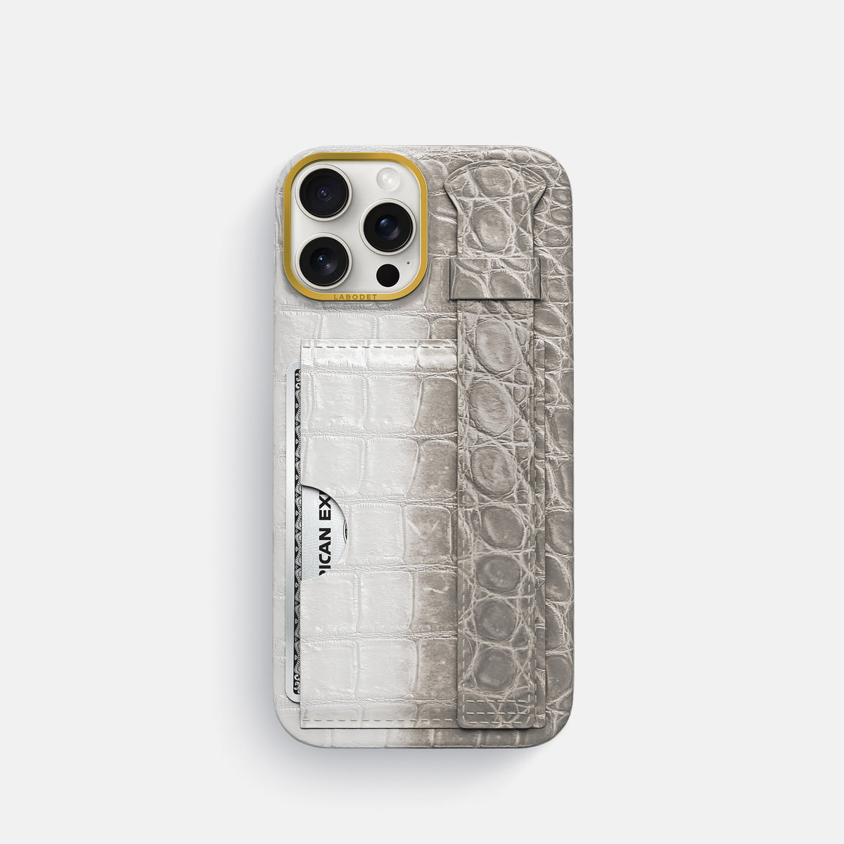 Grey iPhone 16 Pro Cardholder Strap Himalayan Crocodile with Gold Metal -1 | Grey-Gold