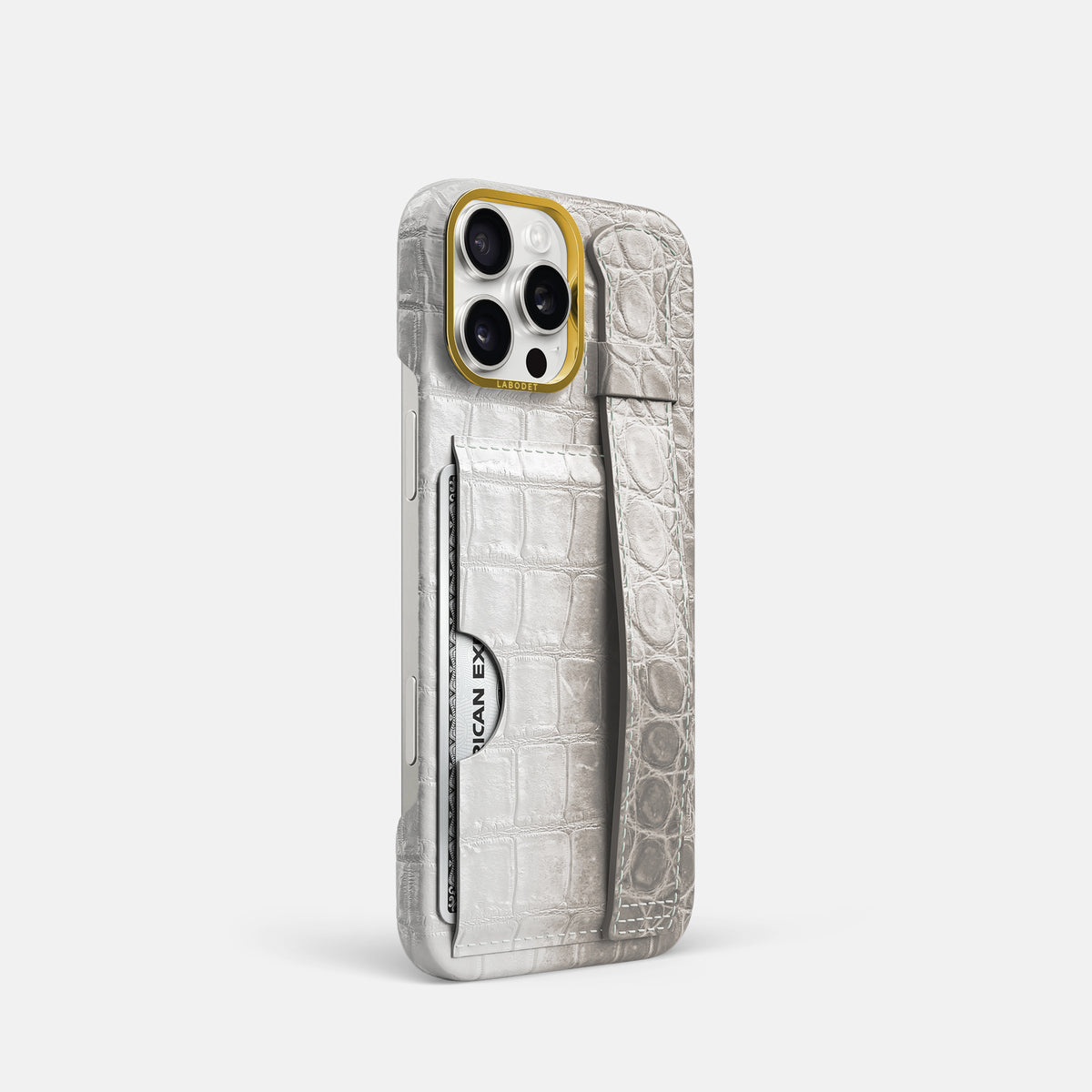 Grey iPhone 16 Pro Cardholder Strap Himalayan Crocodile with Gold Metal -2 | Grey-Gold