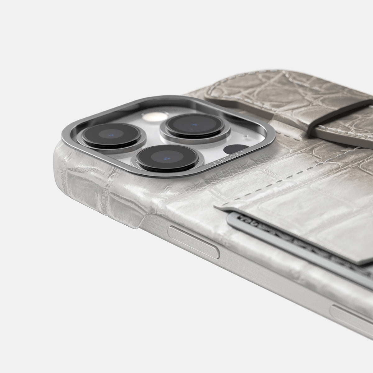Grey iPhone 16 Pro Cardholder Strap Himalayan Crocodile with Steel Metal -5 | Grey-Steel