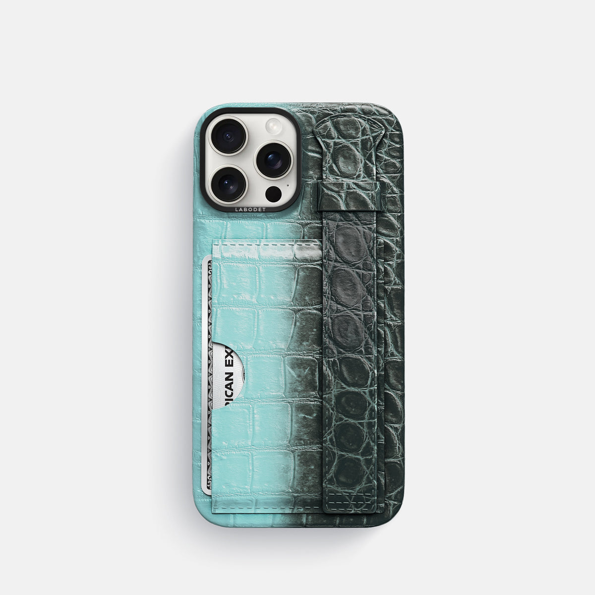 Light-Mint iPhone 16 Pro Cardholder Strap Himalayan Crocodile with Black Metal -1 | Light-Mint-Black