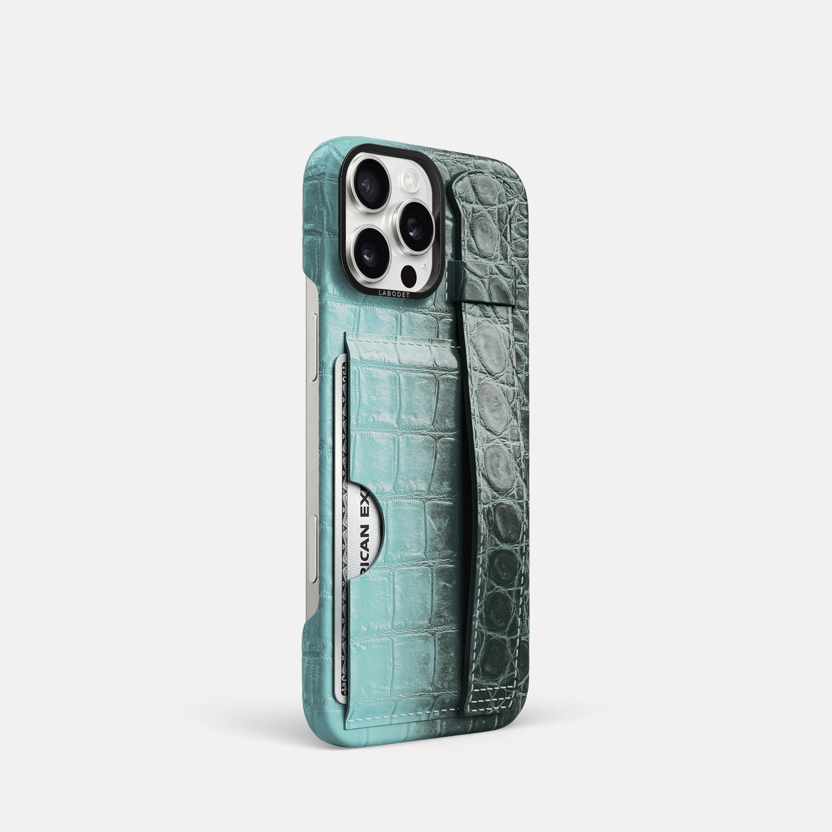 Light-Mint iPhone 16 Pro Cardholder Strap Himalayan Crocodile with Black Metal -2 | Light-Mint-Black