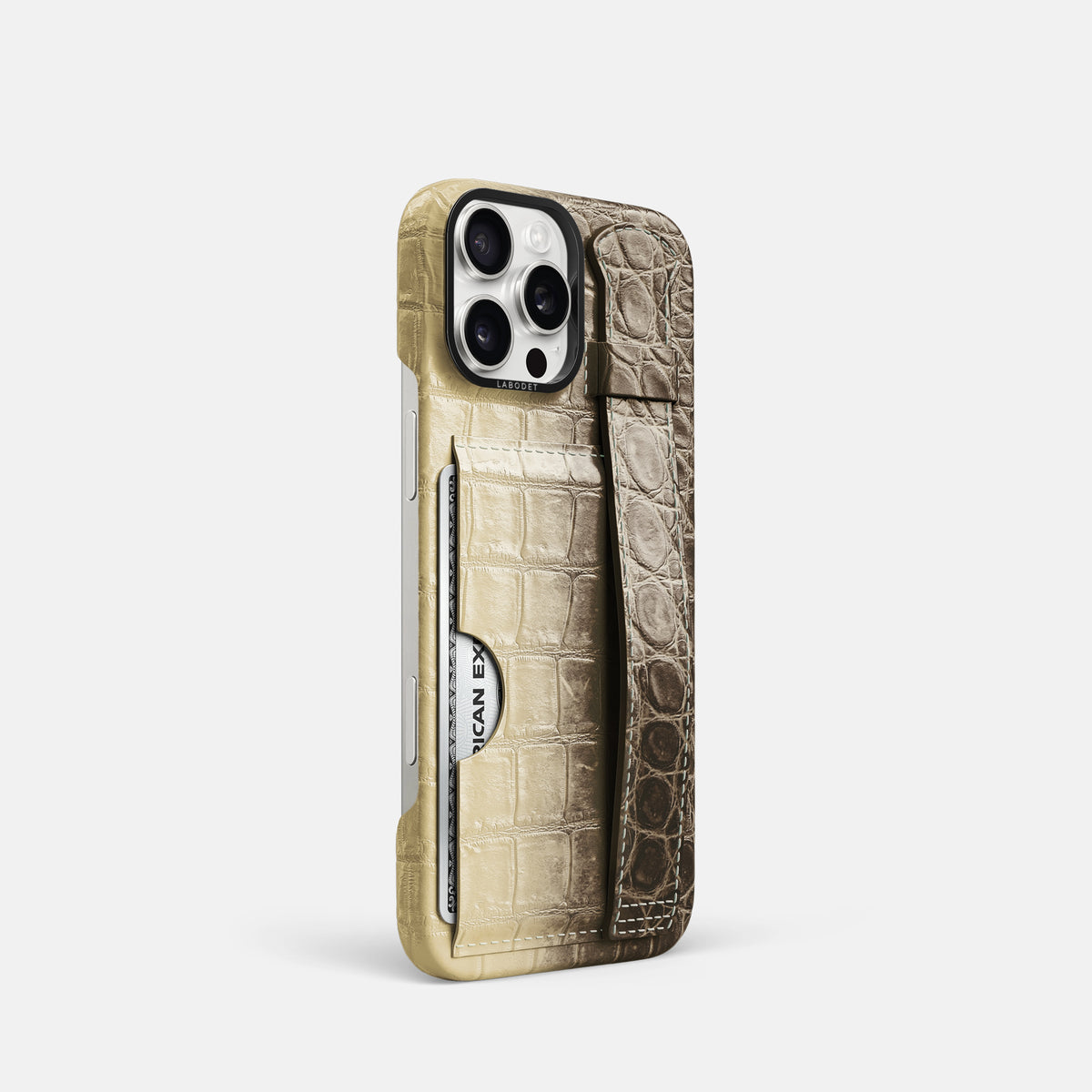 Natural iPhone 16 Pro Cardholder Strap Himalayan Crocodile with Black Metal -2 | Natural-Black