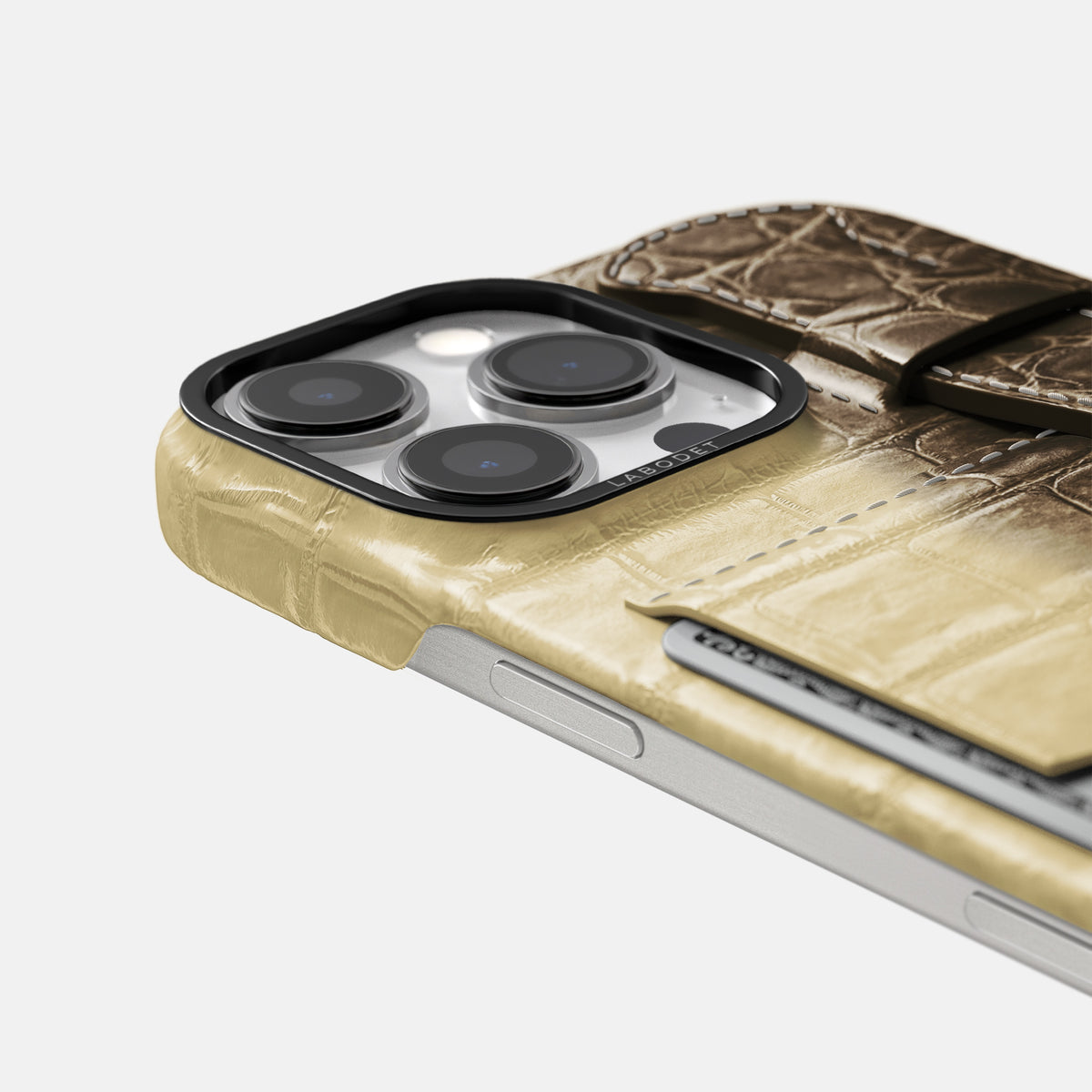 Natural iPhone 16 Pro Cardholder Strap Himalayan Crocodile with Black Metal -5 | Natural-Black