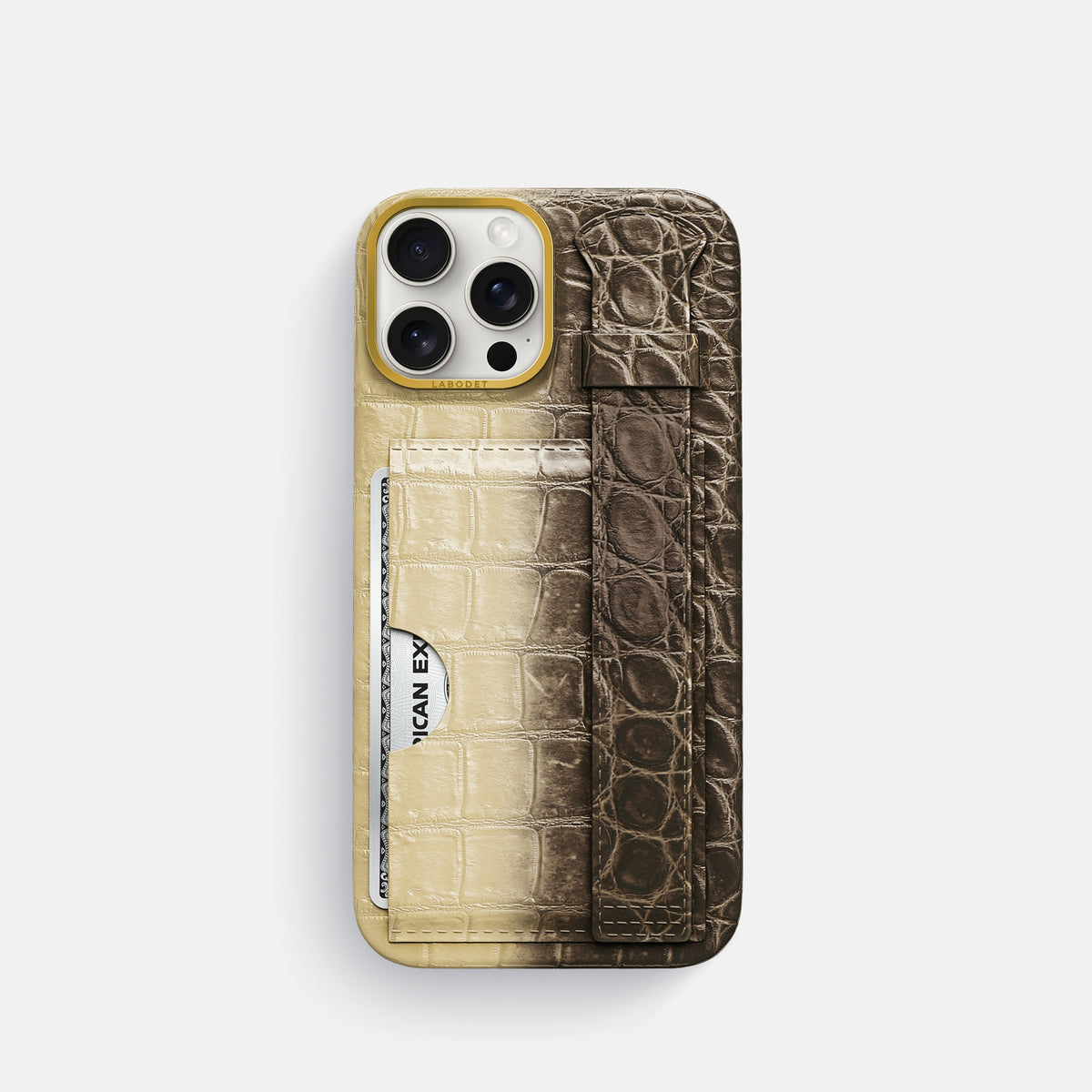 Natural iPhone 16 Pro Cardholder Strap Himalayan Crocodile with Gold Metal -1 | Natural-Gold