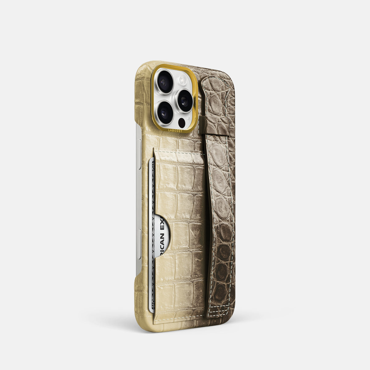 Natural iPhone 16 Pro Cardholder Strap Himalayan Crocodile with Gold Metal -2 | Natural-Gold