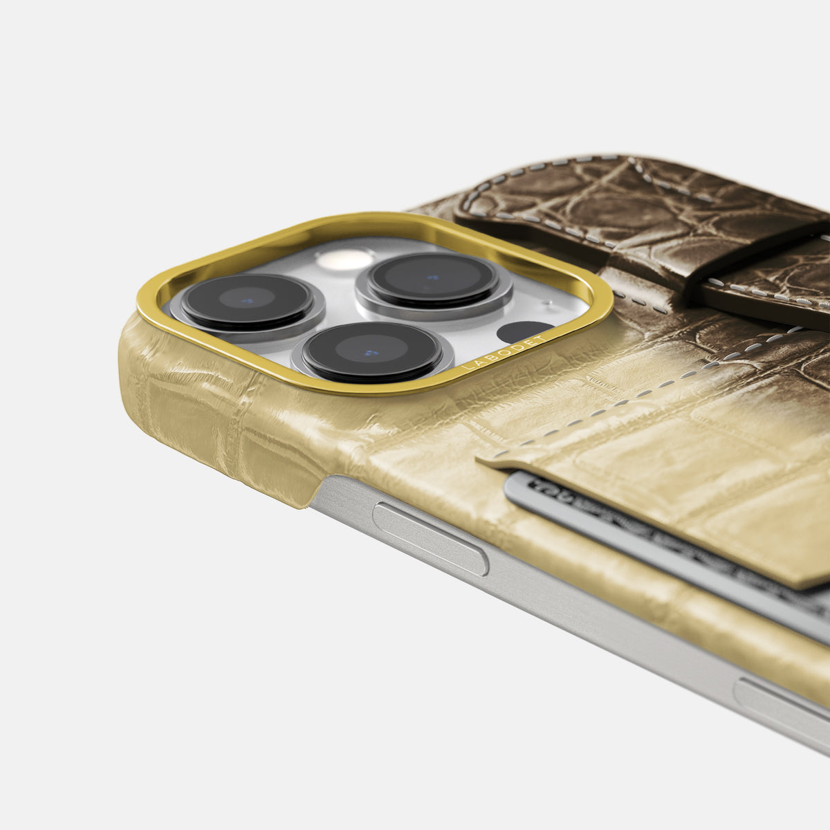 Natural iPhone 16 Pro Cardholder Strap Himalayan Crocodile with Gold Metal -5 | Natural-Gold
