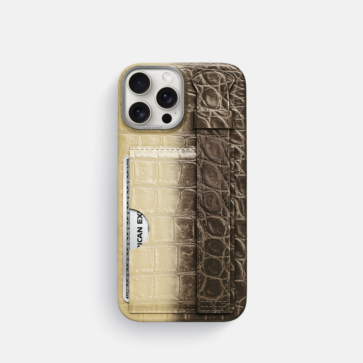 Natural iPhone 16 Pro Cardholder Strap Himalayan Crocodile with Steel Metal -1 | Natural-Steel