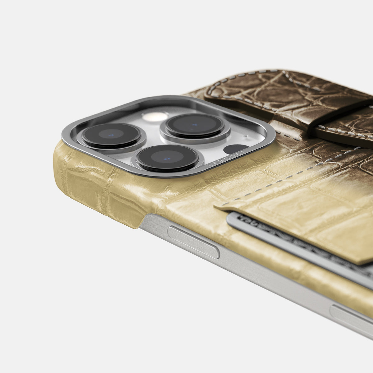 Natural iPhone 16 Pro Cardholder Strap Himalayan Crocodile with Steel Metal -5 | Natural-Steel