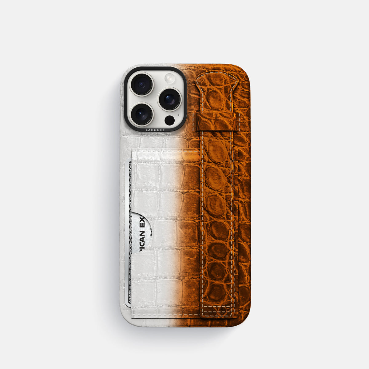 Orange iPhone 16 Pro Cardholder Strap Himalayan Crocodile with Black Metal -1 | Orange-Black