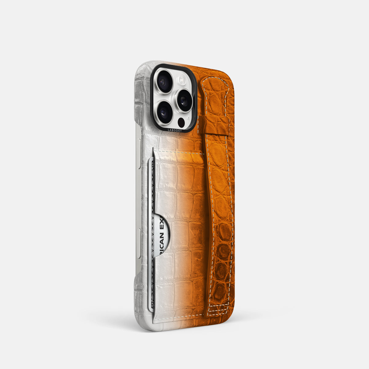 Orange iPhone 16 Pro Cardholder Strap Himalayan Crocodile with Black Metal -2 | Orange-Black