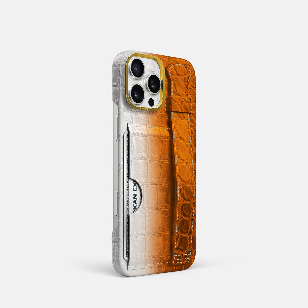 Orange iPhone 16 Pro Cardholder Strap Himalayan Crocodile with Gold Metal -2 | Orange-Gold