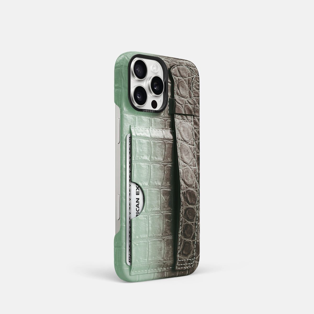 Pistachio iPhone 16 Pro Cardholder Strap Himalayan Crocodile with Black Metal -2 | Pistachio-Black