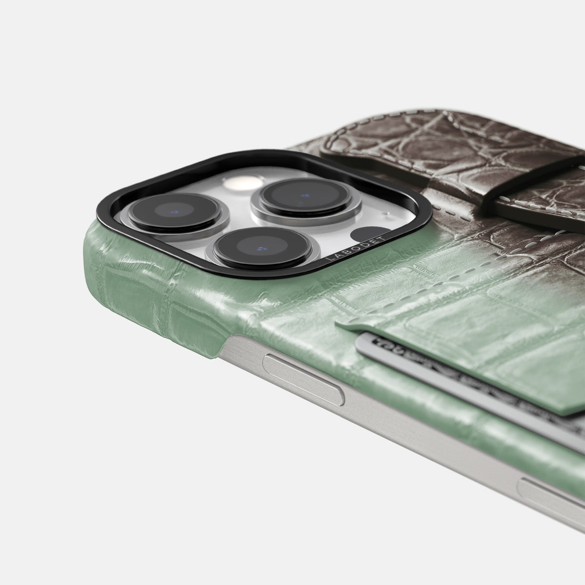 Pistachio iPhone 16 Pro Cardholder Strap Himalayan Crocodile with Black Metal -5 | Pistachio-Black
