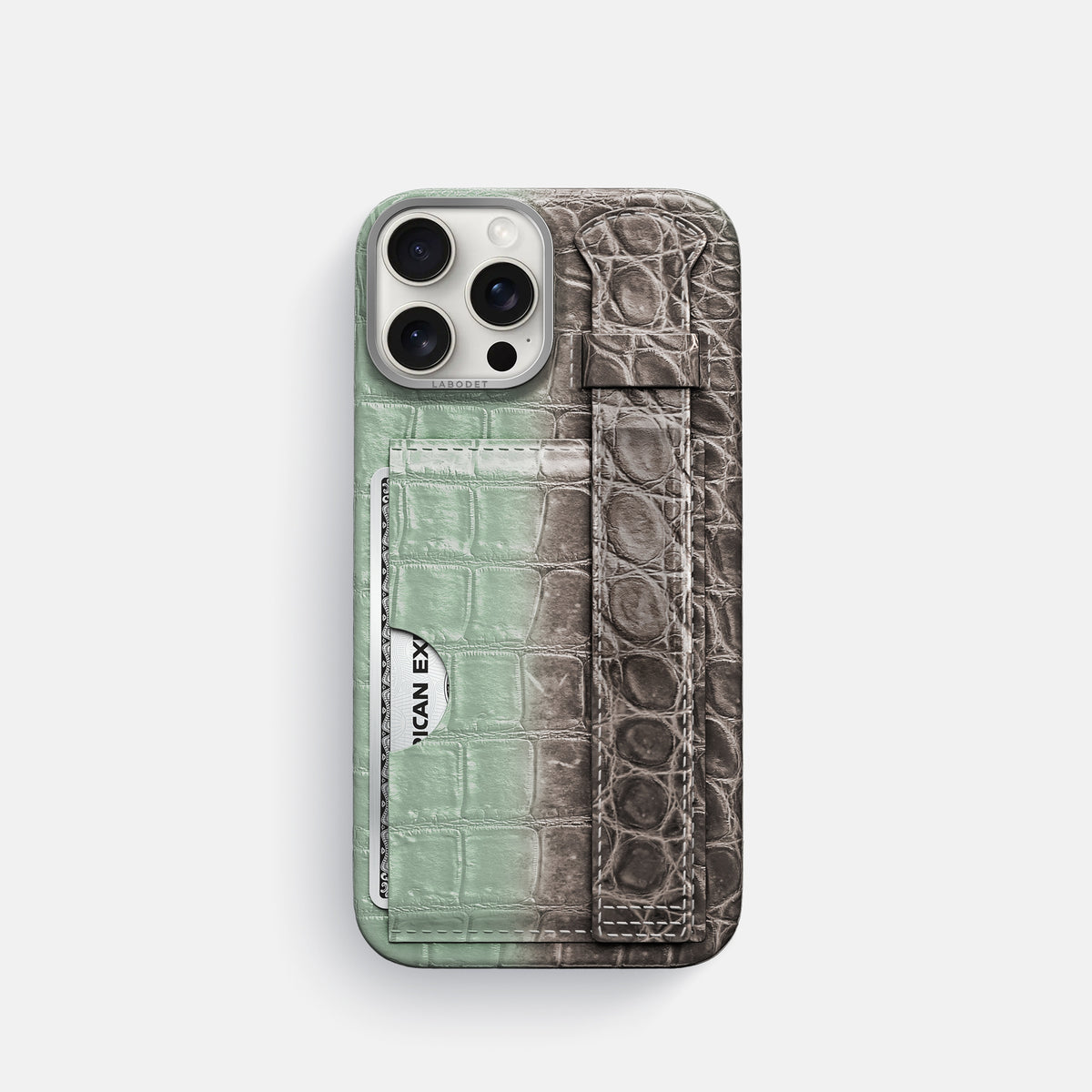 Pistachio iPhone 16 Pro Cardholder Strap Himalayan Crocodile with Steel Metal -1 | Pistachio-Steel