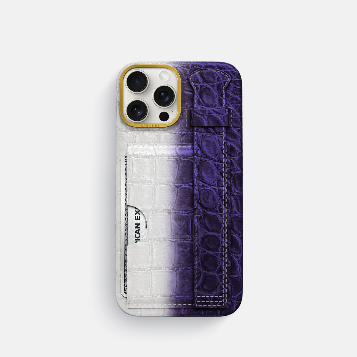 Purple iPhone 16 Pro Cardholder Strap Himalayan Crocodile with Gold Metal -1 | Purple-Gold