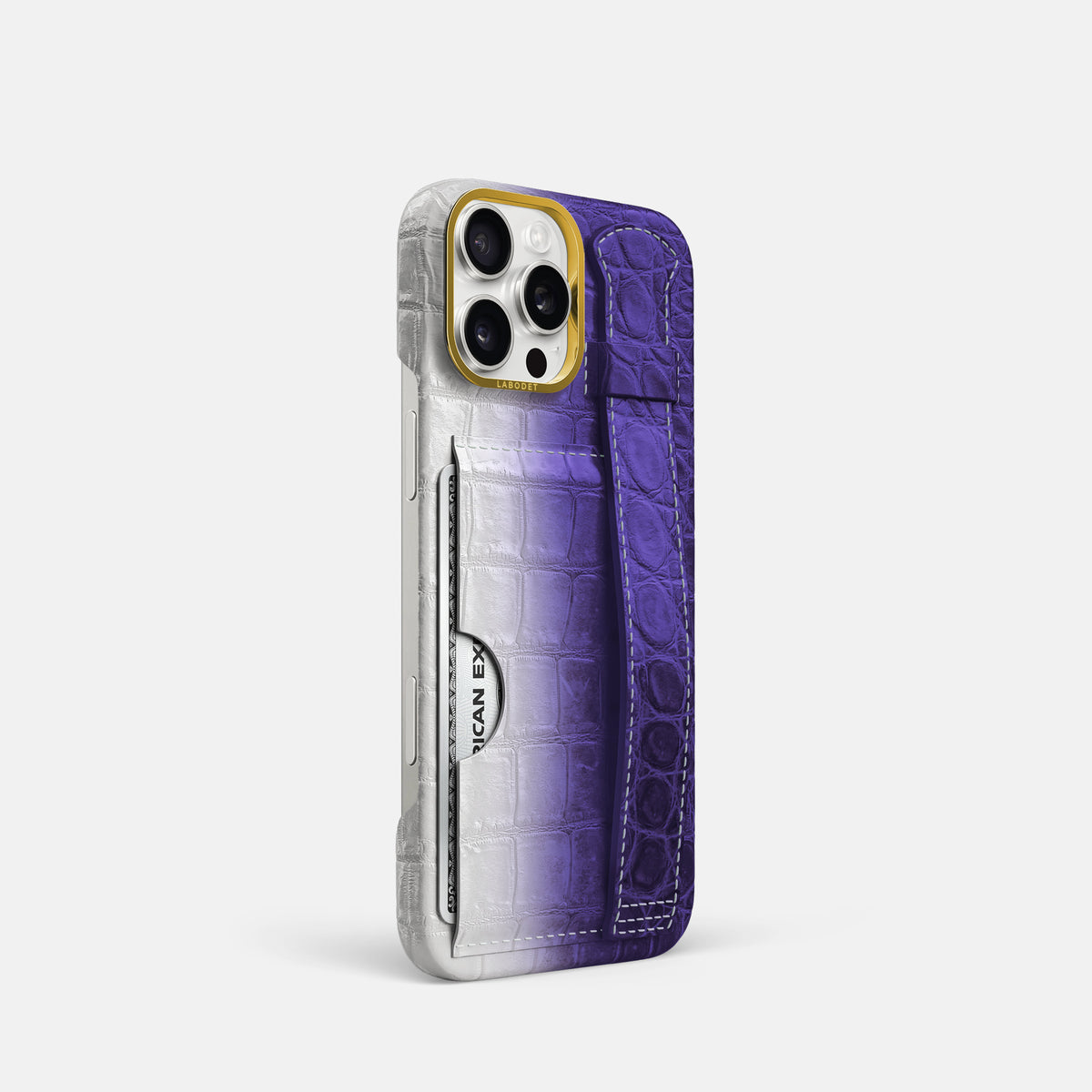 Purple iPhone 16 Pro Cardholder Strap Himalayan Crocodile with Gold Metal -2 | Purple-Gold