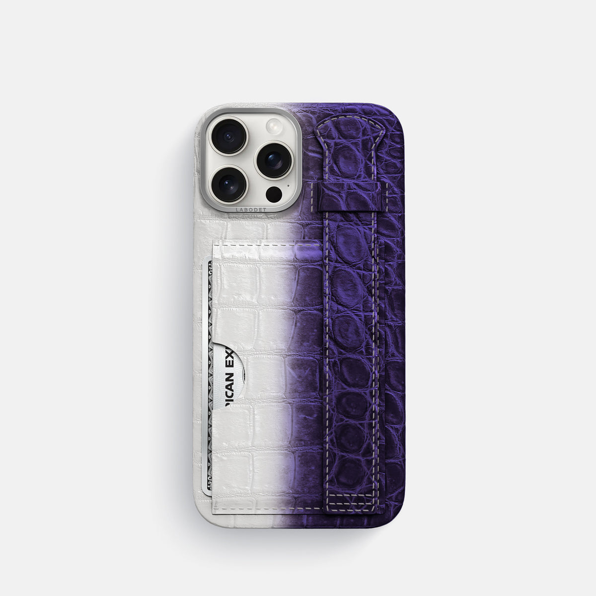 Purple iPhone 16 Pro Cardholder Strap Himalayan Crocodile with Steel Metal -1 | Purple-Steel