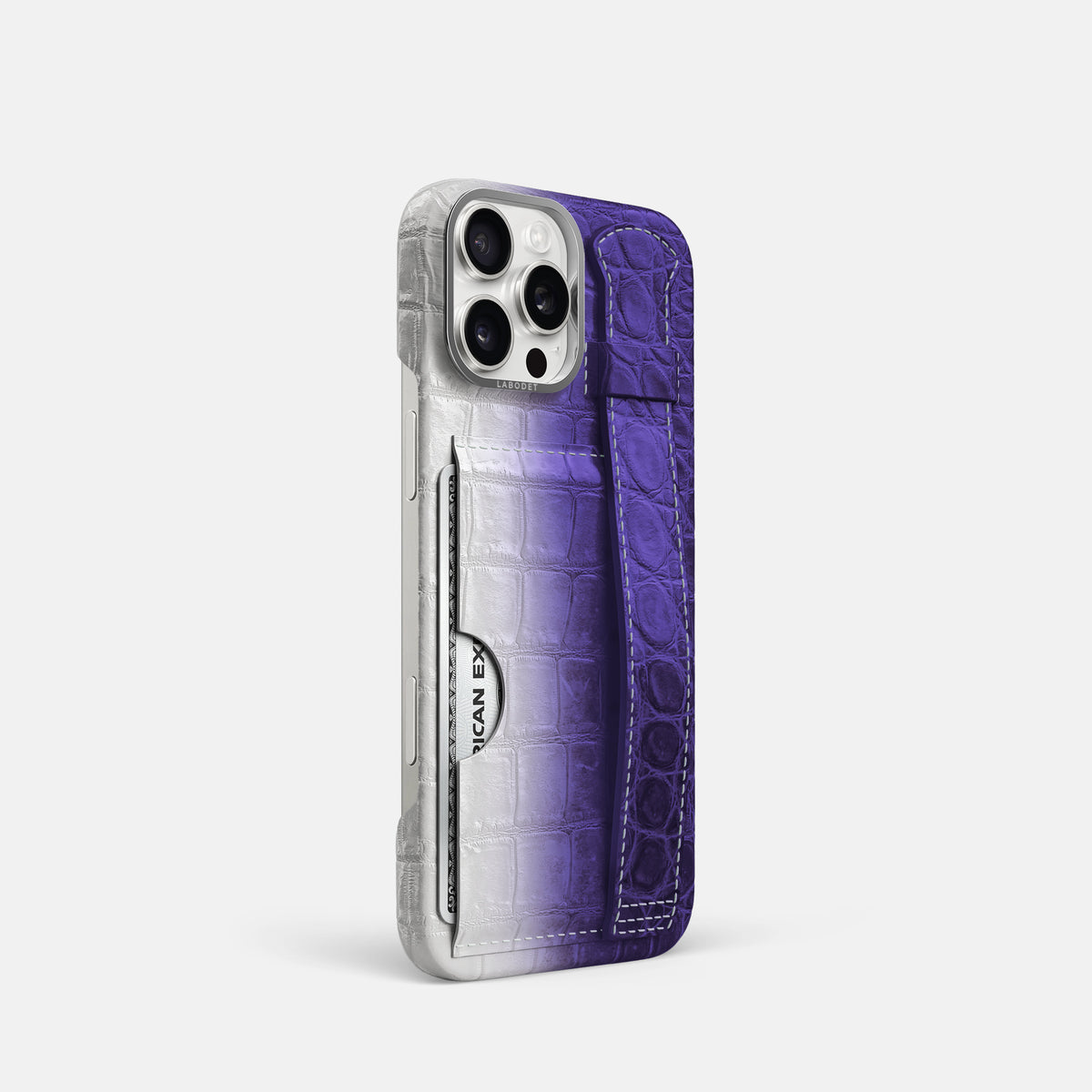 Purple iPhone 16 Pro Cardholder Strap Himalayan Crocodile with Steel Metal -2 | Purple-Steel