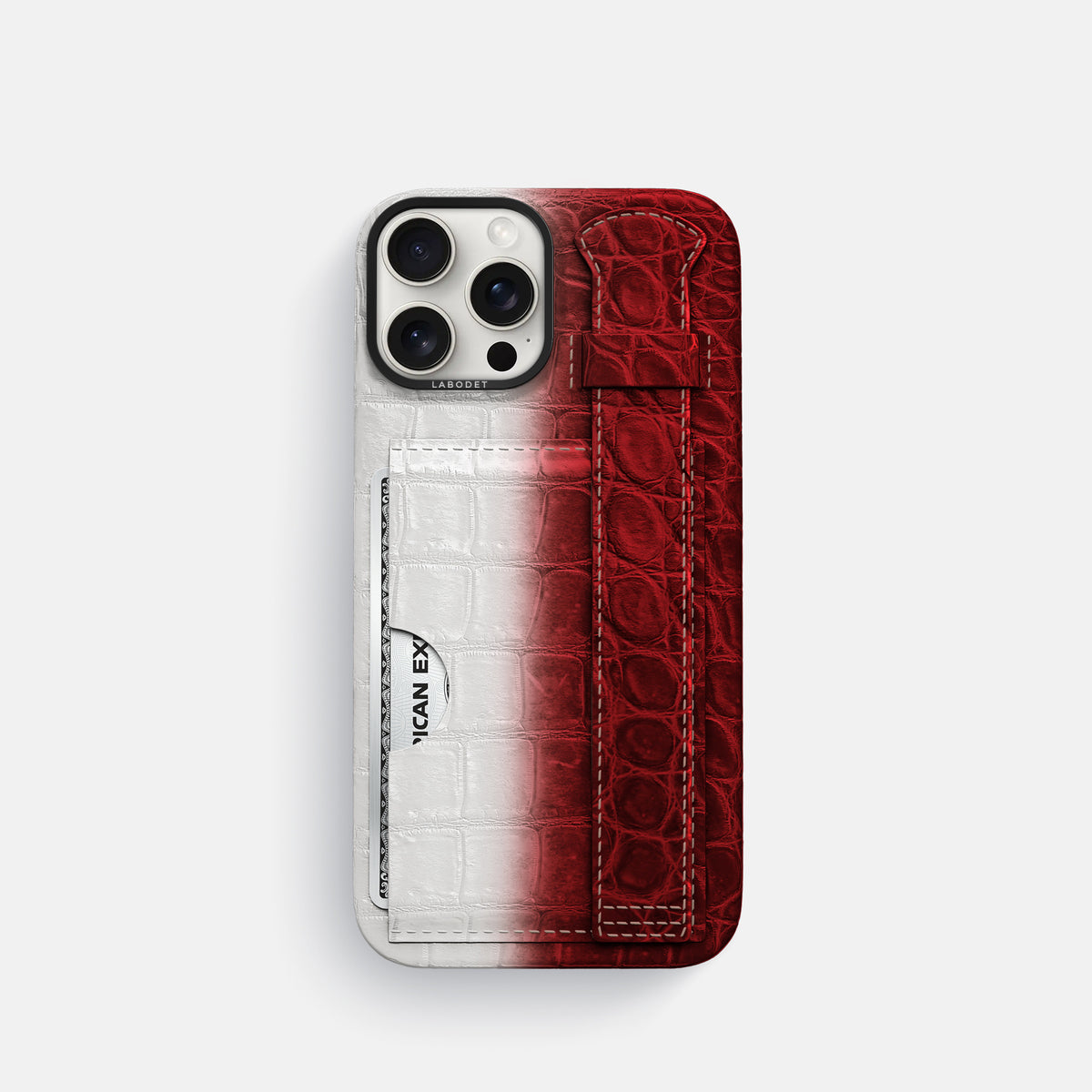 Red iPhone 16 Pro Cardholder Strap Himalayan Crocodile with Black Metal -1 | Red-Black