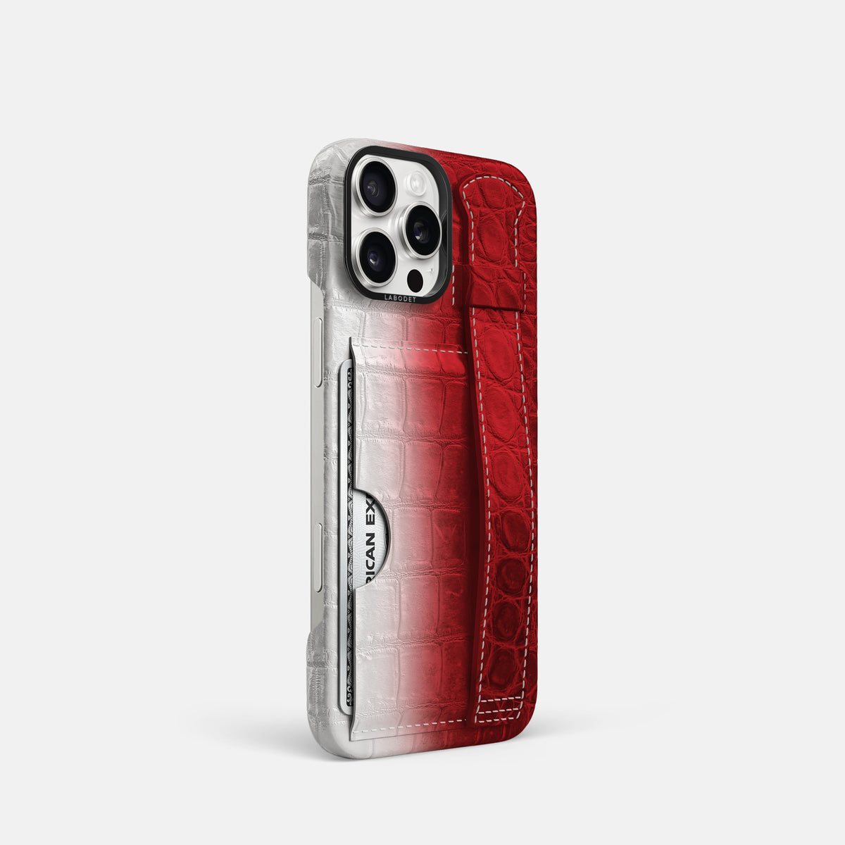 Red iPhone 16 Pro Cardholder Strap Himalayan Crocodile with Black Metal -2 | Red-Black