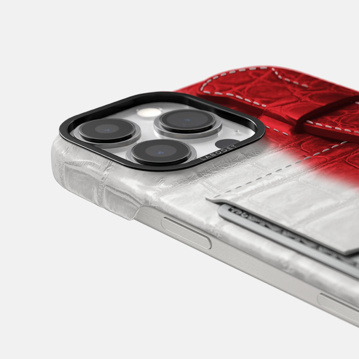 Red iPhone 16 Pro Cardholder Strap Himalayan Crocodile with Black Metal -5 | Red-Black