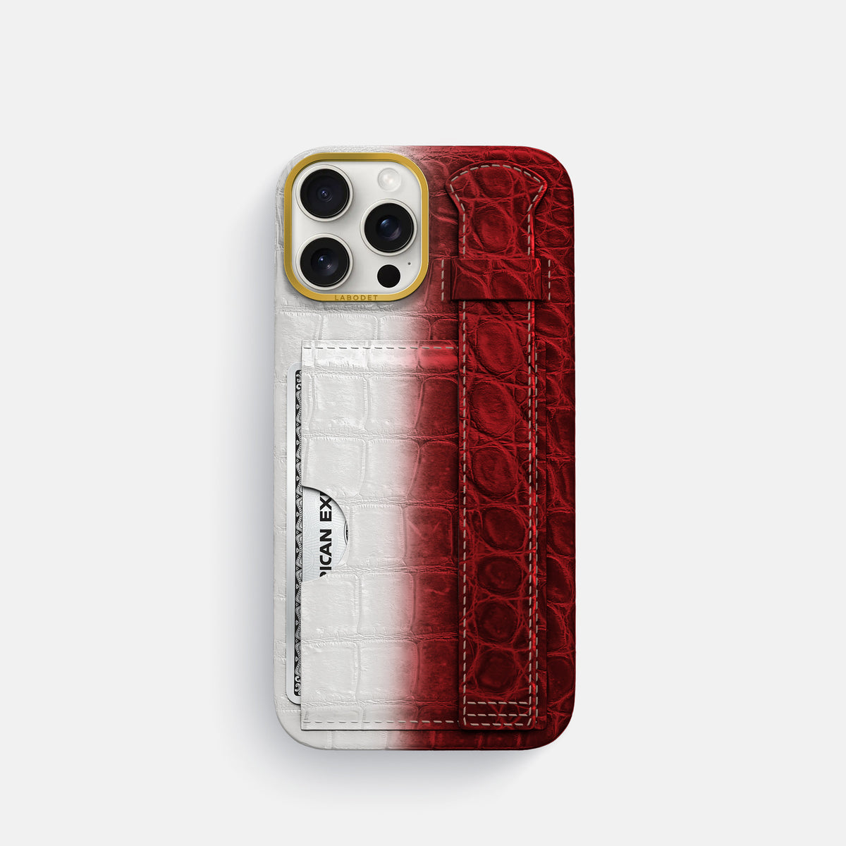 Red iPhone 16 Pro Cardholder Strap Himalayan Crocodile with Gold Metal -1 | Red-Gold