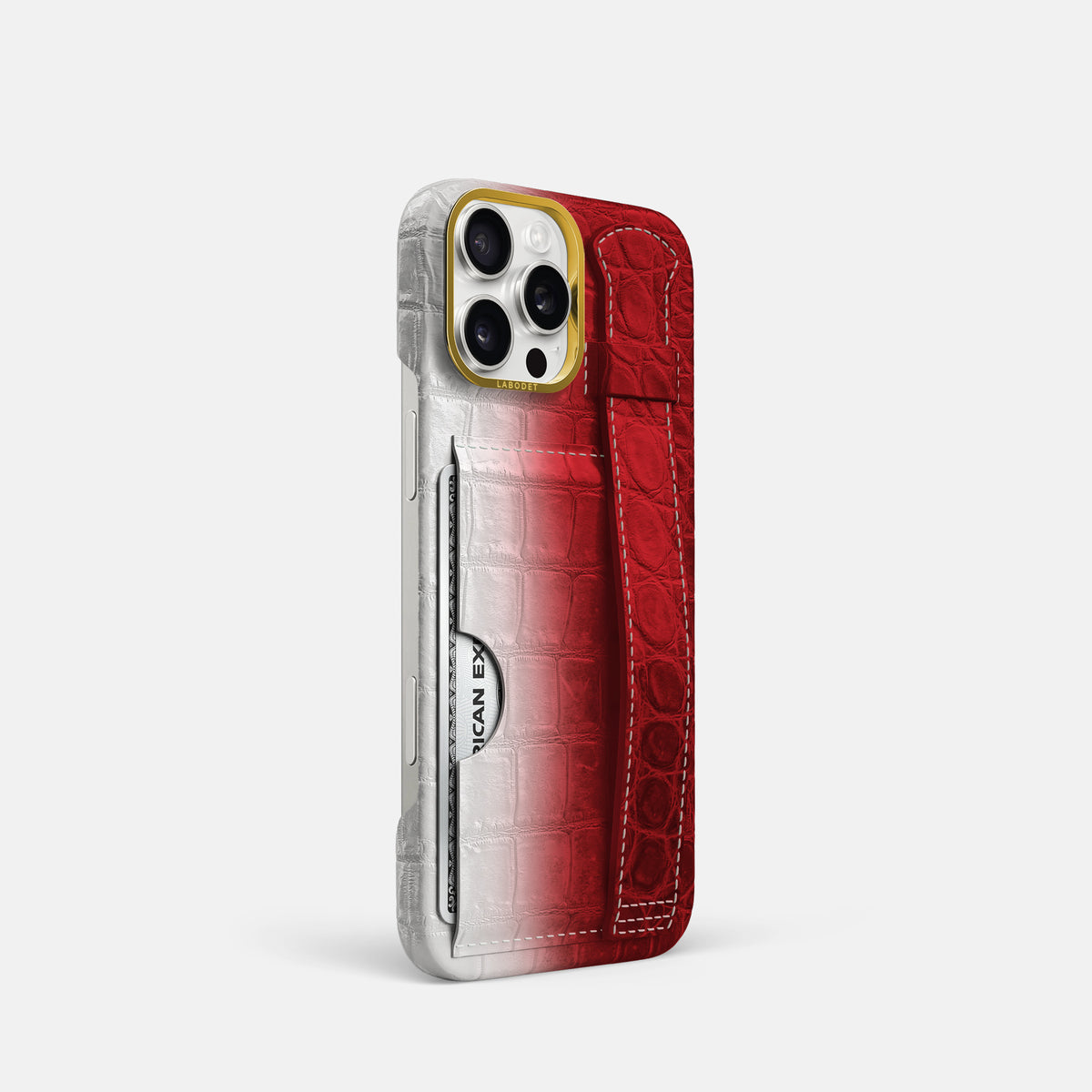 Red iPhone 16 Pro Cardholder Strap Himalayan Crocodile with Gold Metal -2 | Red-Gold