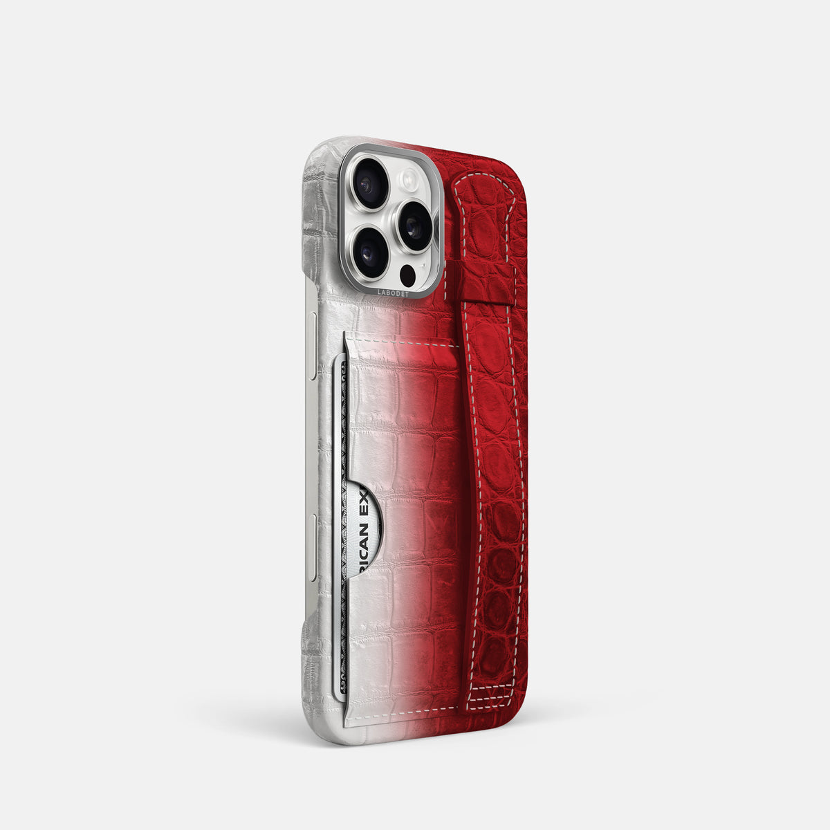 Red iPhone 16 Pro Cardholder Strap Himalayan Crocodile with Steel Metal -2 | Red-Steel